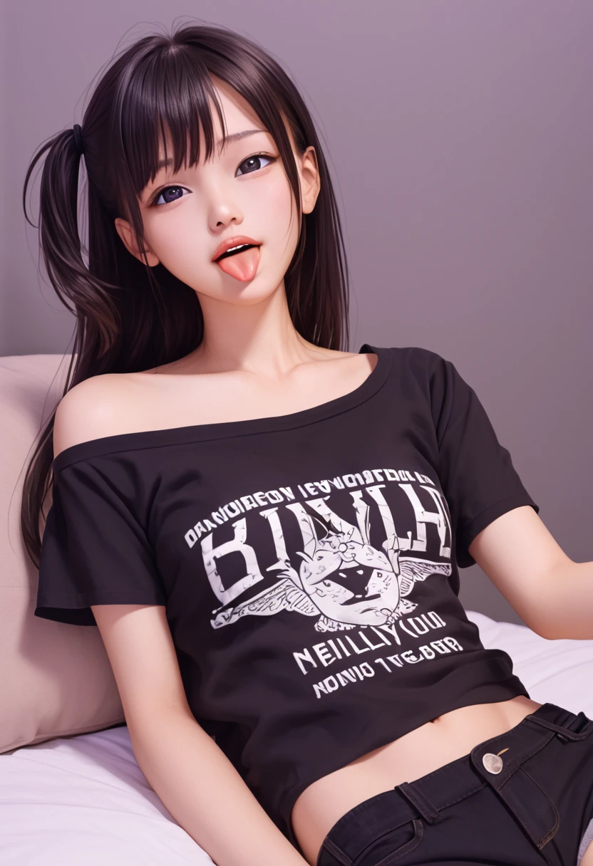 pastel colors t-shirt,off-shoulder look,bare shoulder,ollarbone,midriff peek,string panties,(open mouth:1.5),(tongue out:2),lying,Selfie,front view,upper body,(1girl,Beautiful 14 year old girl),((Slender,Small breasts,Small face,)),(looking at viewer),Black Hair,bangs,one side up,Beautiful and detailed,(Dimly lit room:1.5),Simple Background,White bed,pillow,Mischievous smile
