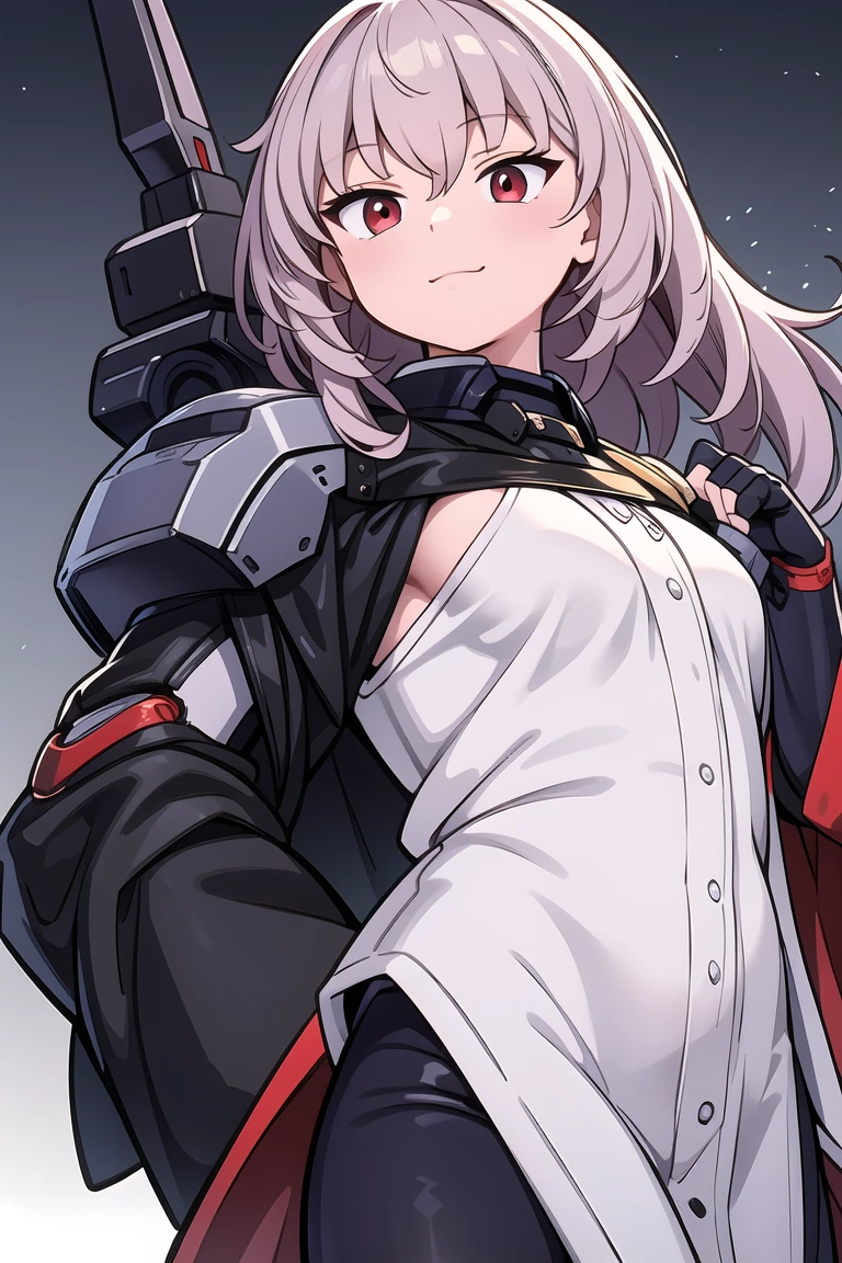 (masterpiece,best quality,ultra highres,ultra detail,novel illustration:1.4),1girl,cowboy shot,ard3nSW,nikkesw,abruzzidef,(single mechanical arm,prosthesis:1.1),white hair,red eyes,long hair,flat chest,smile