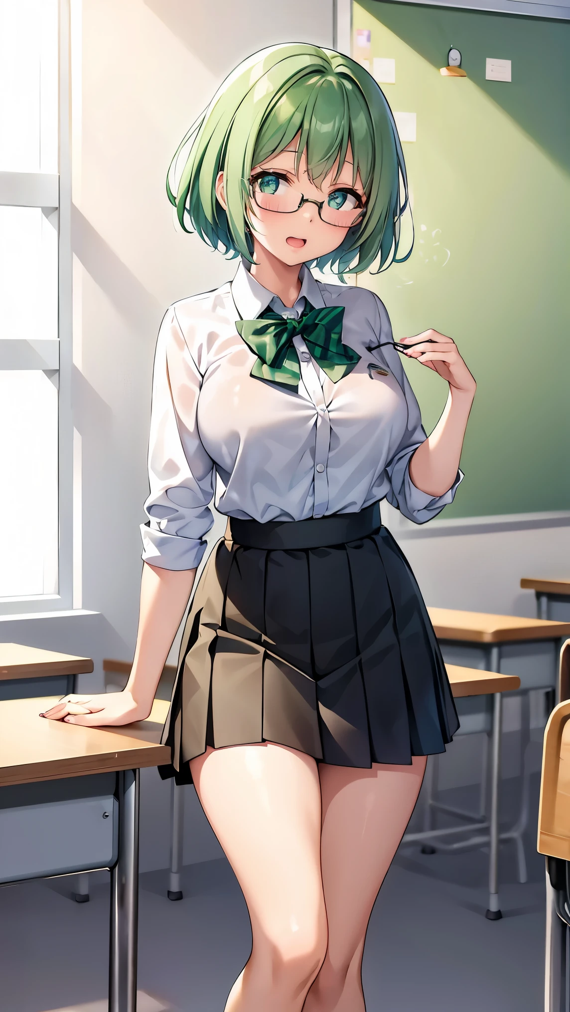 Girl with short green hair, Small size breasts,、Green Eyes, 、,Full body photo from head to toe、、、、Uplifting、、、School teacher、Glasses、Teaching in the classroom、Read a book aloud、Tight Skirt、Formal suit、