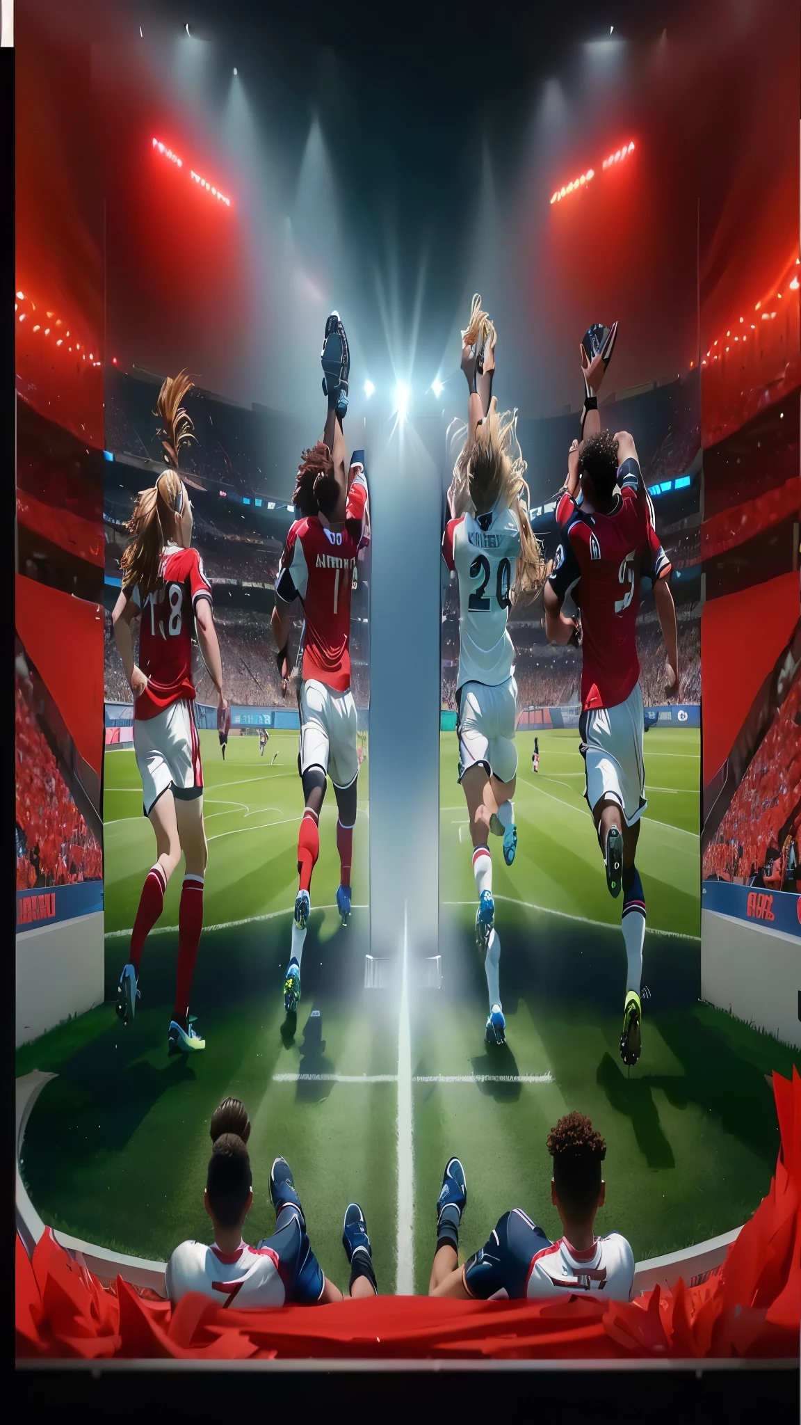 arafed image of a group of soccer players running on a field, best on adobe stock, split screen, youtube thumbnail, sports broadcast, the best ever, promo image, promo, tv screens in background, 🕹️ 😎 🔫 🤖 🚬, super high resolution, tv commercial, in style of kyrill kotashev, sport, tv screens