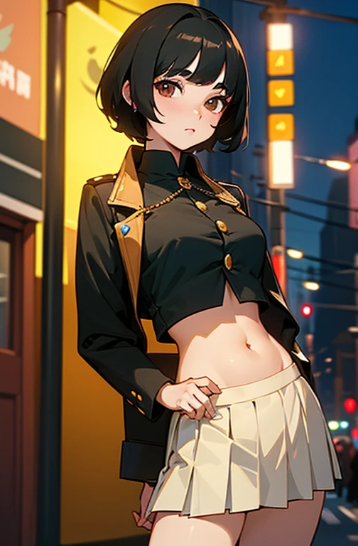 Cute young woman, Short black hair, Brown eyes, Queen,pleated skirt suit,Street lamp,neon,Busy street background,(belly button:1.1,Princess Eyes), noble, Royalty, high quality, masterpiece, Very detailed