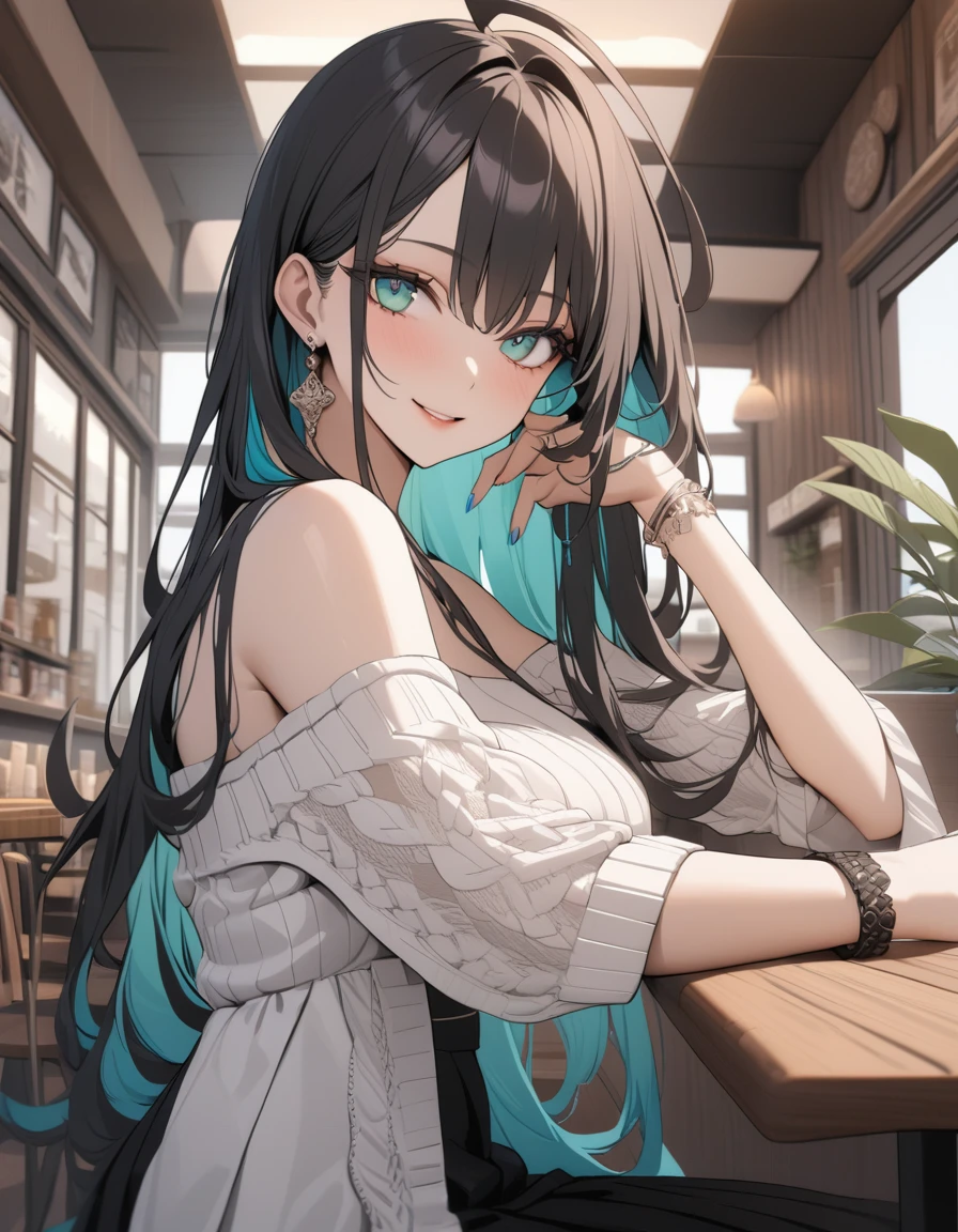 (Highest quality:1.2, three-dimensional, High Detail, masterpiece:1.2, Best aesthetics), (1 girl), Beautiful woman, Beautiful detailed eyes, Beautiful detailed lips, Highly detailed face, Delicate depiction of hair and eyes, Detailed Fashion, (detailed background:1.2) ((Portraiture, Cowboy Shot)), Aqua Eye, huge ahoge, Mouth open, Earrings, View your viewers, breasts, upper body, full body from knees to head, gaze away, gaze into the distance, smile lightly, fancy nails, in Sibuya city, in the cafe, bracelet, long hair, color inner hair, dark hair, white off-shoulder knit, black pleated skirt