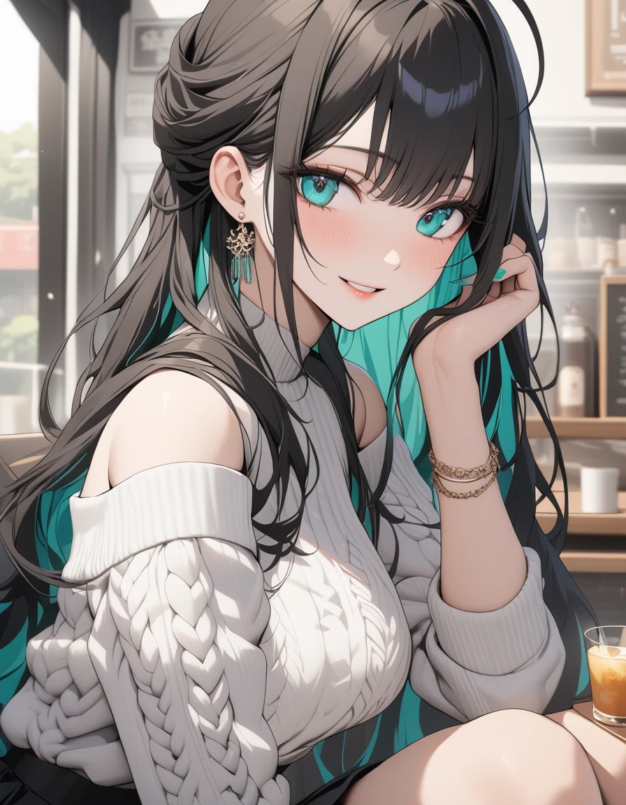 (Highest quality:1.2, three-dimensional, High Detail, masterpiece:1.2, Best aesthetics), (1 girl), Beautiful woman, Beautiful detailed eyes, Beautiful detailed lips, Highly detailed face, Delicate depiction of hair and eyes, Detailed Fashion, (detailed background:1.2) ((Portraiture, Cowboy Shot)), Aqua Eye, huge ahoge, Mouth open, Earrings, View your viewers, breasts, upper body, full body from knees to head, gaze away, gaze into the distance, smile lightly, fancy nails, in Sibuya city, in the cafe, bracelet, long hair, color inner hair, dark hair, white off-shoulder knit, black pleated skirt