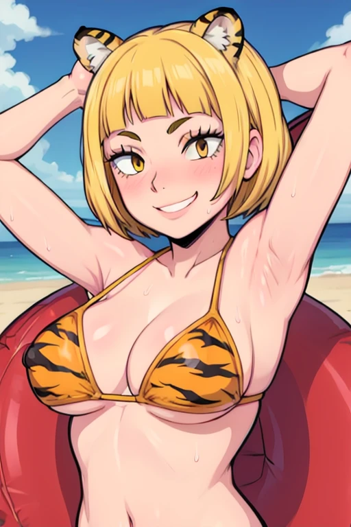 masterpiece, best quality, saeko tanaka, looking at viewer, yellow hair, yellow eyes color, large breasts, upper body, portrait, seductive smile,both hands raised, armpits, armpits visible, sweaty armpits, wearing sexy bikini, tiger print, background on beach