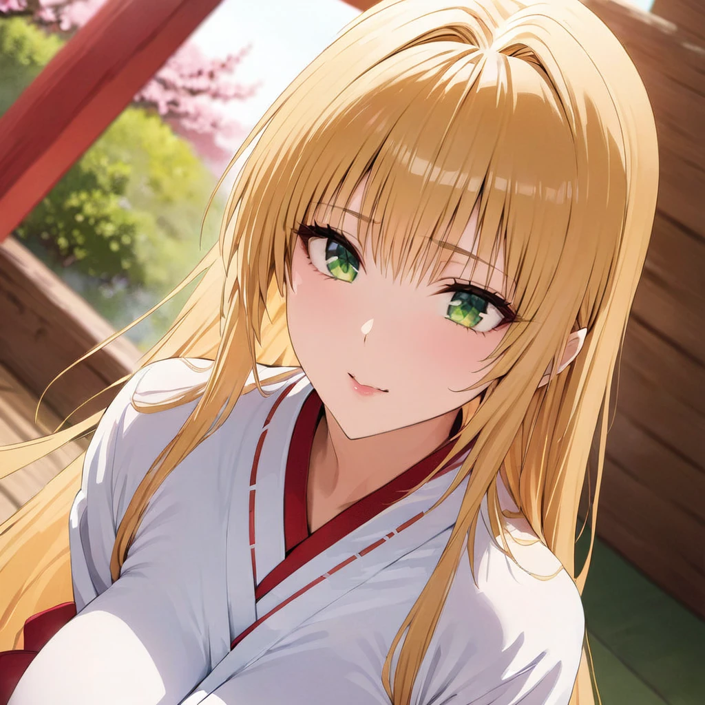 ((Highest quality)), ((masterpiece)), (detailed), (Perfect Face)、The woman is Tiare, with green eyes, medium-long blonde hair, and is dressed as a shrine maiden.