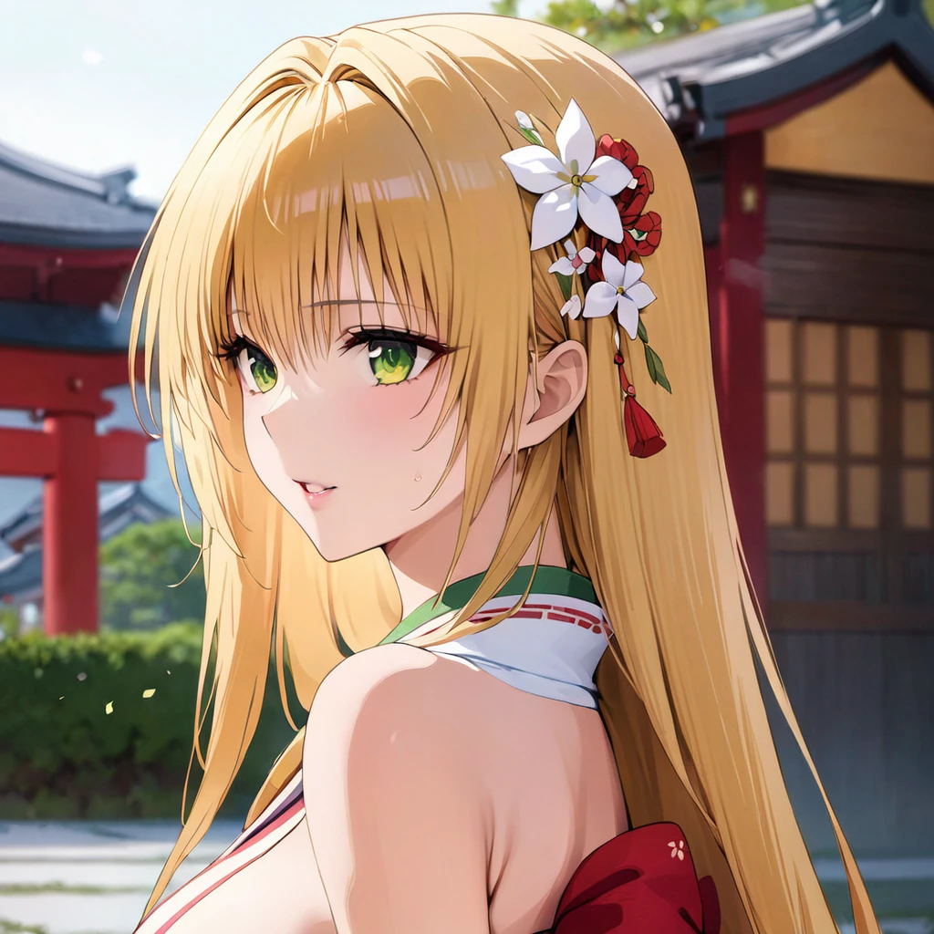 ((Highest quality)), ((masterpiece)), (detailed), (Perfect Face)、The woman is Tiare, with green eyes, medium-long blonde hair, and is dressed as a shrine maiden.