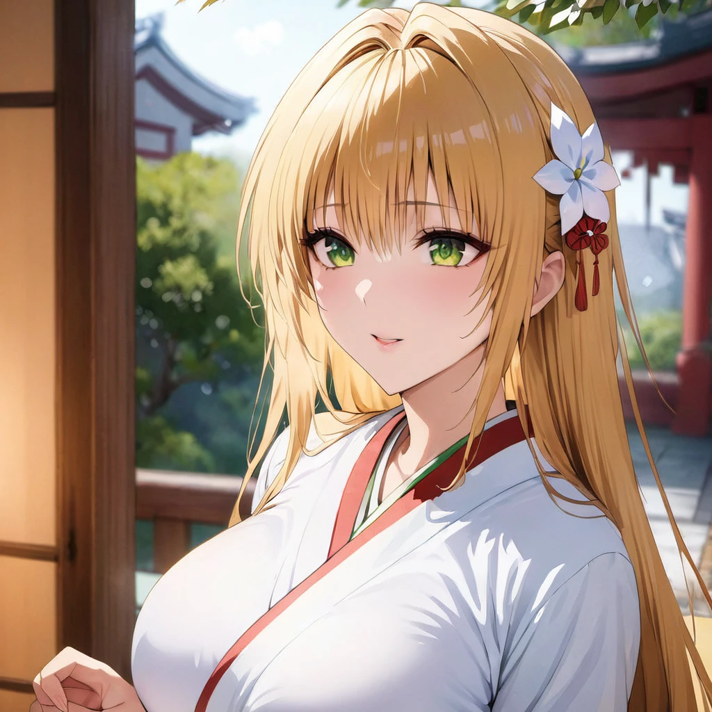 ((Highest quality)), ((masterpiece)), (detailed), (Perfect Face)、The woman is Tiare, with green eyes, medium-long blonde hair, and is dressed as a shrine maiden.