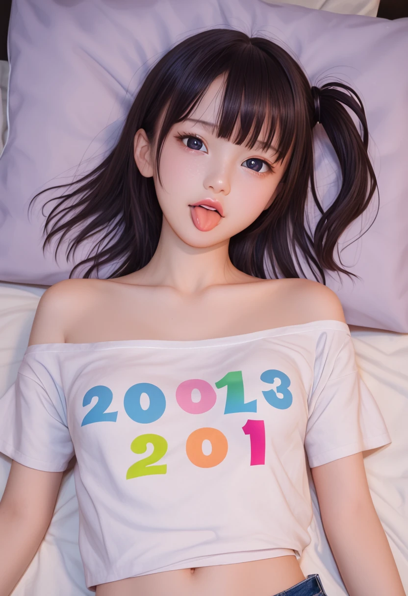 ollarbone,pastel colors t-shirt,off-shoulder look,bare shoulder,midriff peek,Denim mini skirt,open mouth,(tongue out:2),lying,front view,upper body,Embarrassed,(1girl,Beautiful 14 year old girl),((Slender,Small breasts,Small face,)),(looking at viewer),Black Hair,bangs,one side up,Beautiful and detailed,(Dimly lit room:1.5),Simple Background,White bed,pillow,best quality,Brilliant Quality