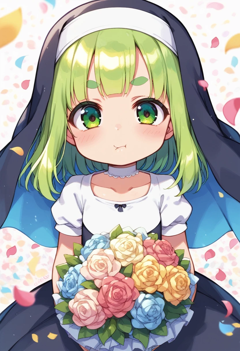 score_9, ,score_7_up, score_6_up, 1girl, source_cartoon, source_anime,breathtalking Scenery,watercolor,smooth soft skin, natural skin,mjm,Bfg
BREAK
(loli:1.4),(little female child:1.4), small breast,cute face, (loli toddler:1.1), 6 yo,kawaii, (highlight on eyes), (jiggly:0.8), shiny skin,beautiful eyes, detailed eyes, puffy eyes,
BREAK
(medium green hair:1.3),(green maro eyebrows:1.6),pouty and slightly grumpy,(pout:1.2), ::(, (jitome),(frown:0.6),white streaked hair, green eyes,
BREAK
(zigzag pattern nun dress), (pastel veil:1.2),choker,nun,excessive detailed collarbone,
flowerbackground,flowergarden,flower bouquet, (digits behind bouquet:1.3), (hands behind bouquet:1.3),falling petals,
(holding bouquet:1.1), celebration, Congratulations,confetti, bloom effect,dynamicangle,pastelcolor,upturned eyes,