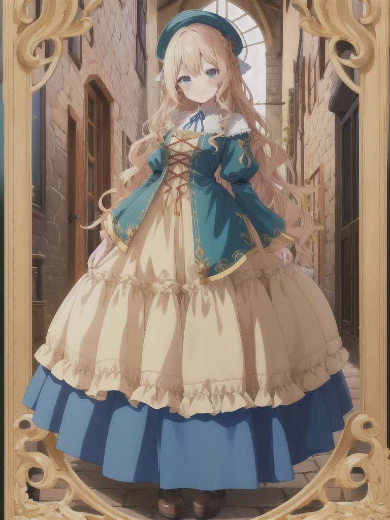 1girl, (anime coloring:1.2), perfect_anatomy, best quality, otherworldly, upturned eyes, beautiful_hair, wavy hair, feminine, endearing smile, german clothes, medieval costume, standing, Stone buildings, Medieval town, Traditional dress, Long skirt, Simple shoes, Cheap clothes,