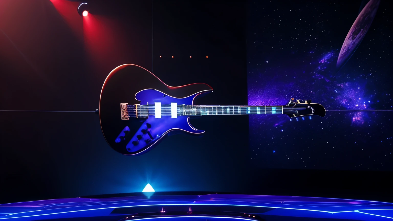 Create in 8k, uhd, A SYBER ROBOT  PLAYING ELETRIC GUITAR ON A STAGE , SIMULATING OUTER SPACE,