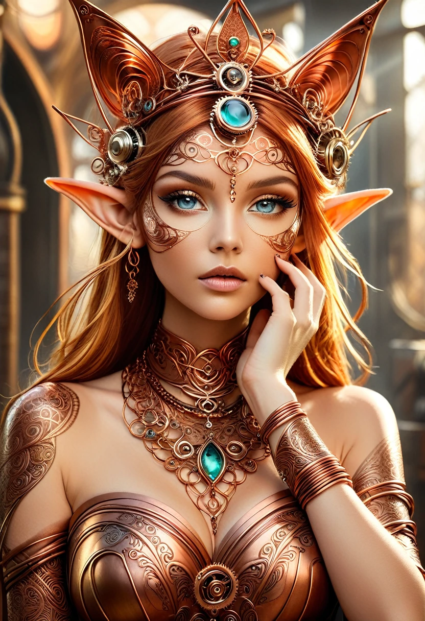 Steampunk elven princess. Hear copper wire necklaces and bangles. Crown of fine copper wire. copper coloured tatoos cover her face and body intricate and beautiful designs. LArge pointed ears that end in curlicues.