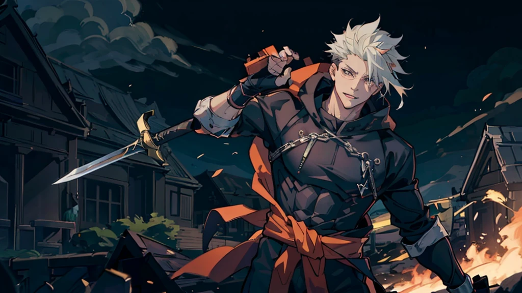 Perfect anatomy and highly detailed face, Delicate depiction of the eyes, Accurate drawing, Beautiful Hair, Detailed Background, Edgy, One person preparing for battle, Man in his late 20s, Red hoodie and black pants, Warm, loose-fitting clothing, , A casual fashion style where you wrap your jacket around your waist, Two falchions in their sheaths, A mercenary with two scimitars on his hips, A dual-wielding swordsman with his swords sheathed, Mafia with a sword scar on his nose, Villain with serious injury, Dark malicious smile, A young man with narrowed eyes laughing like a fox, Tanned dark skin, White to silvery hair, Short Ponytail Hairstyles, His trademark thick black-rimmed glasses, Cynical smile, Sarcastic mood, The scene of a large-scale indiscriminate terrorist attack, Burning and collapsing building, I have inner loneliness, Deep down, I feel like life is hard, Jealousy and envy towards successful people, The insight and resignation that come from hard work and failure, Perverse Desperation,