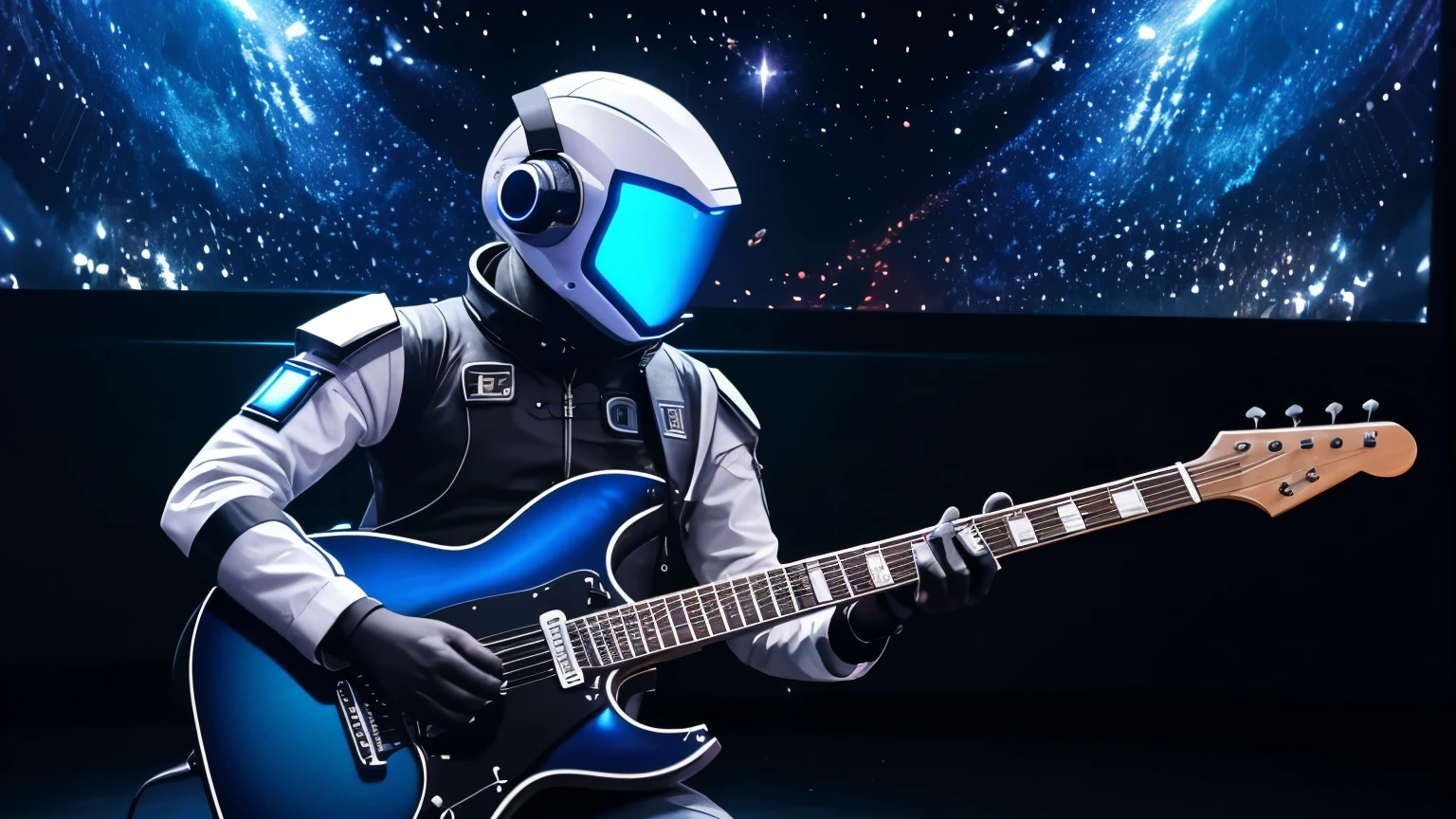 Create in 8k, uhd, A SYBER ROBOT  PLAYING ELETRIC GUITAR ON A STAGE , SIMULATING OUTER SPACE,