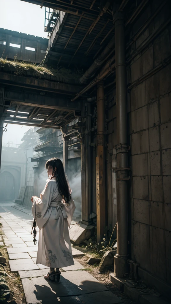 A skeleton in a white kimono with long hair, standing at the entrance of a foggy tunnel. The skeleton is facing away but turned to look back over its shoulder.
