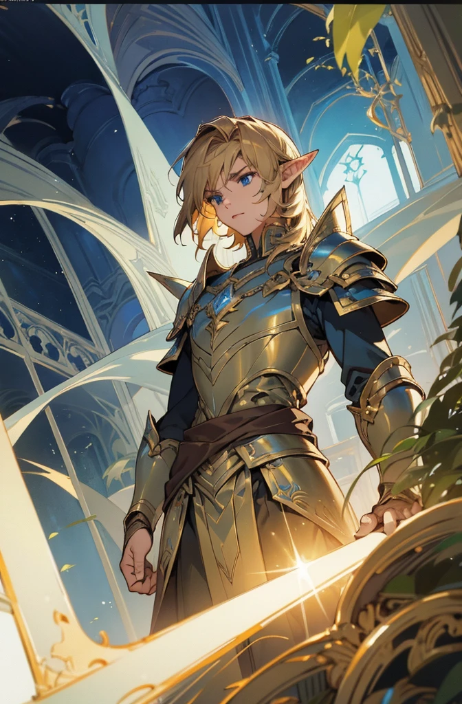 masterpiece, best quality, ultra high resolution, 1man, elven armor, male, fantasy illustration, elf, pointy ears, older man, art by Kinema Citrus, dark blond hair, blue eyes, wrinkles,