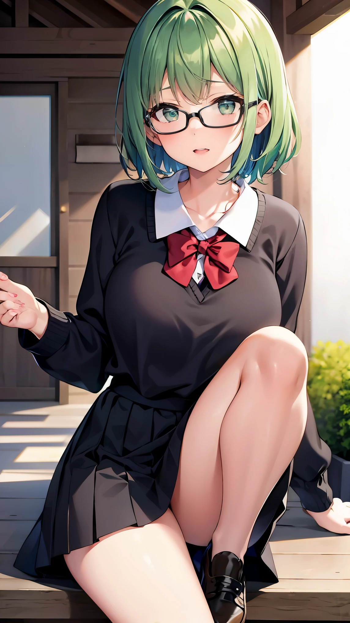 Girl with short green hair, Small size breasts,、Green Eyes, 、,Full body photo from head to toe、の先生、nursery school、、Uplifting、、Caretaker、Glasses、Nanny、