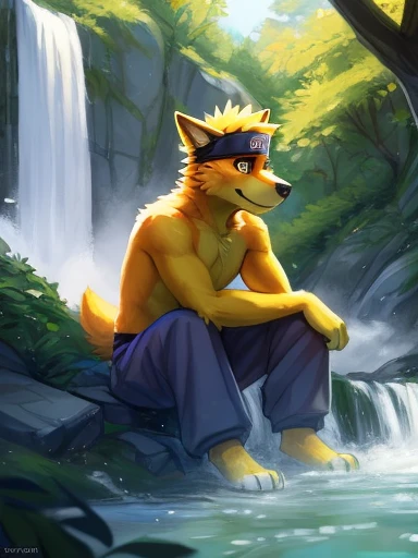 ((yellow dog Naruto headband, Naruto yellow dog, Naruto as a yellow dog anthropomorphic in front of a waterfall ,))), looking a t viewer, big chest, day,, sensual, detailed, uploaded to e621, beautiful and detailed p ortrait of an anthropomorphic, (((male))) u ploaded to e 621, zaush, foxovh, movie ligh ting, thicc, al one, detailed, 8k res, hires, de tailed eyes, g ood anatomy, good perspecti ve, towards vi ewer, bebebebebe, by sic klyhypnos, by gerkk, by orf, nice hands, per fect hands, ha ppy, romantic, ray tracing hting, rtx on, B Bebebebebe, by SpiritD, by KOBITOWANI, best quality, masterpiece, p erfect anatomy, detailed picture)),