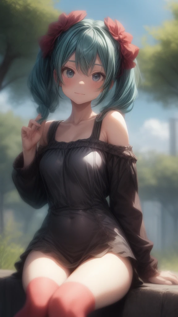 Hatsune Miku wearing a white one-piece dress with an off-the-shoulder look, sitting in nature with a blue sky in the background, in the style of Makoto Shinkai。