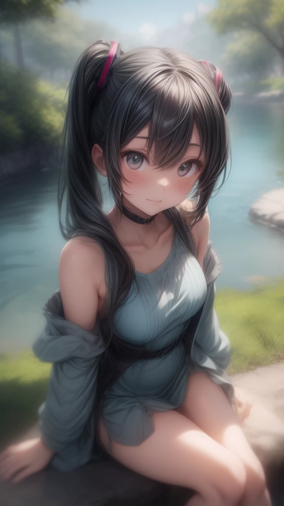 Hatsune Miku wearing a white one-piece dress with an off-the-shoulder look, sitting in nature with a blue sky in the background, in the style of Makoto Shinkai。