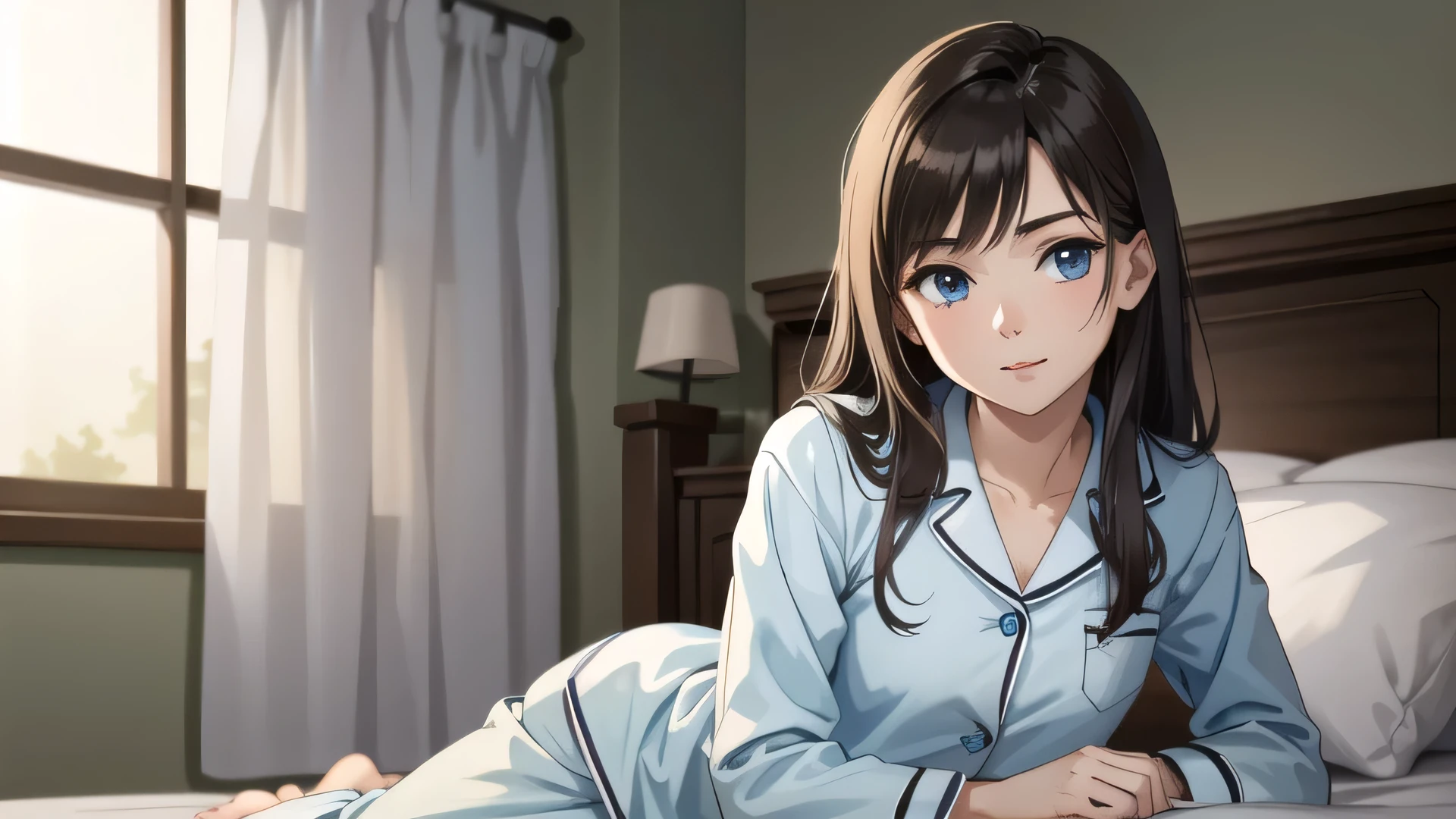 (masterpiece, Highest quality:1.2), Very detailed, One girl, alone, Brown Hair, blue eyes, Long Hair, pajamas, Sitting, On the bed, View your viewers, Mouth closed,