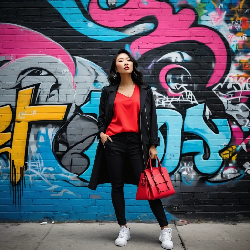 Prompt: Envision capturing a long shot of a vibrant, bold stunningly beautiful chinese woman against the backdrop of graffiti-filled urban walls. This scene should reflect the raw energy and expressive nature of urban street art. Graffiti is all about making a statement - it's loud, colorful, and unapologetically honest. Your subject, the woman, should embody this spirit – her style, stance, and expressions revealing insights into her character. Use natural or urban lighting to bring out the vivid colors of the graffiti, casting dramatic shadows that highlight the texture and depth of the artwork behind her. Embrace the wide view of the graffiti-covered cityscape as an intriguing backdrop subtly suggesting her connection to street culture. But remember to keep her as your main focus. When framing your shot, ensure you leave ample space around her. This not only adheres to photographic rules of composition but also emphasizes her dominance within this vast canvas. Avoid cluttering your shot with too many elements, maintaining graffiti's raw and minimalist approach. Instead aim to capture an atmospheric portrait that weaves a story about the woman, her personality and her relationship with the urban environment surrounding her. Consider using equipment like Canon EOS 5D Mark IV & EF 24-70mm f/2.8L II USM for detailed capture and wide-angle possibilities. Remember, your goal goes beyond just snapping a photo - it's about crafting a narrative that reflects graffiti’s boldness and expressiveness.