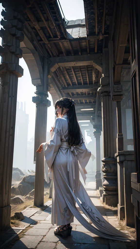 A skeleton in a white kimono with long hair, standing at the entrance of a foggy tunnel. The skeleton is facing away but turned to look back over its shoulder.
