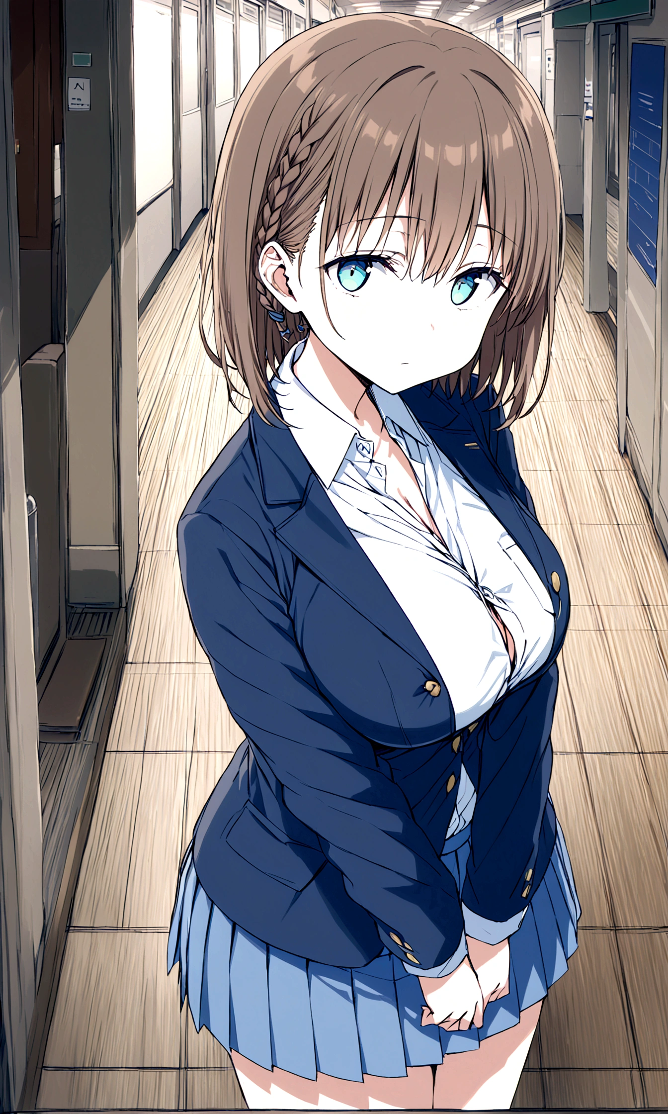 Tawawa on Monday,Ai-chan,Big Breasts,shoot from side,cleavage cutout,high school girl,source_アニメ, 1girl, solo,whole body,brown hair, cyan eyes, braid,blue blazer,white shirt, collared shirt, pleated skirt, blue skirt, large breasts, looking at you,expressionless,station,hentai,finely detailed beautiful face,high quality,アニメ,beautiful,High resolution,アニメ color,{{{{8K_wallpaper}}}},{{{masterpiece}}},{{{{extremely detailed eyes}}}},{{{{extremely detailed body}}}},{{{{extremely detailed finger}}}}