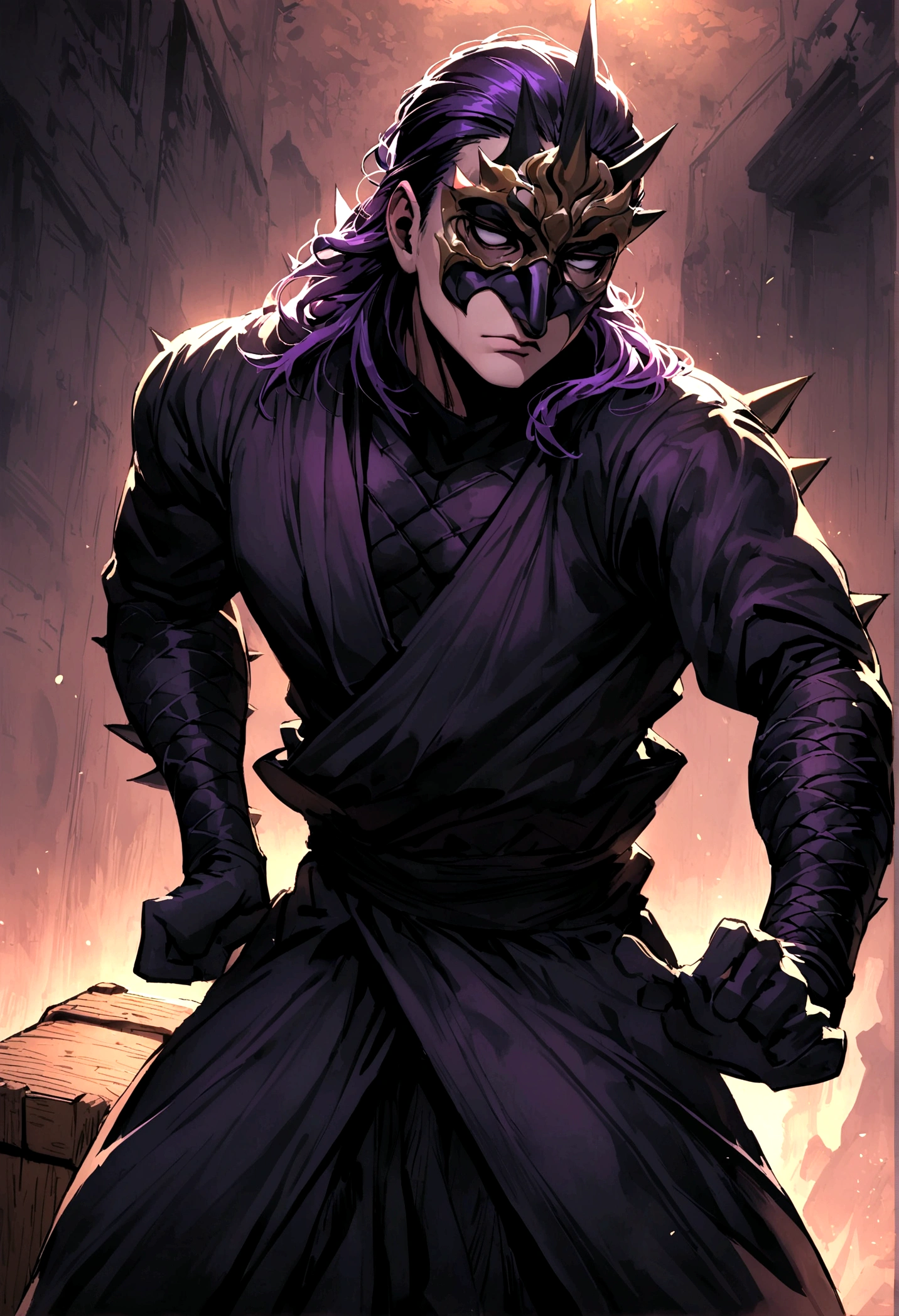standing alone,trunk,mascle,shaved on the side,short spiky black deep purple hair,thin eyes,mascarado,black ninja outfit,beautiful face,mascle face,mascle nose,posture of fight