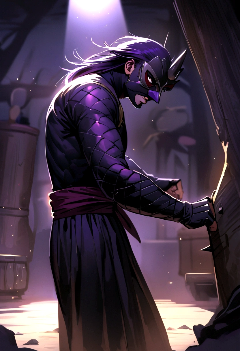 standing alone,trunk,mascle,shaved on the side,short spiky black deep purple hair,thin eyes,mascarado,black ninja outfit,beautiful  face,mascle face,mascle nose,posture of fight