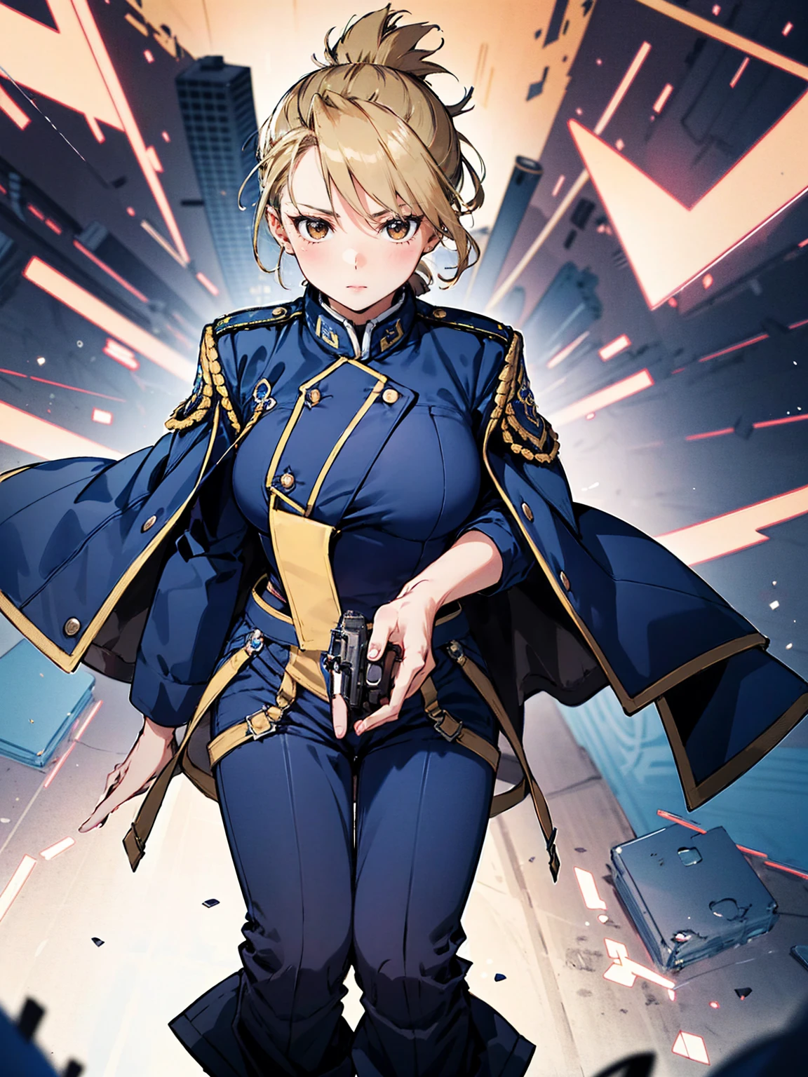 masterpiece, Highest quality, High resolution, One girl, (Crouch down and aim your handgun), Folded ponytail, Brown eyes, , (uniform, Blue jacket, Blue pants), ,Big Breasts,