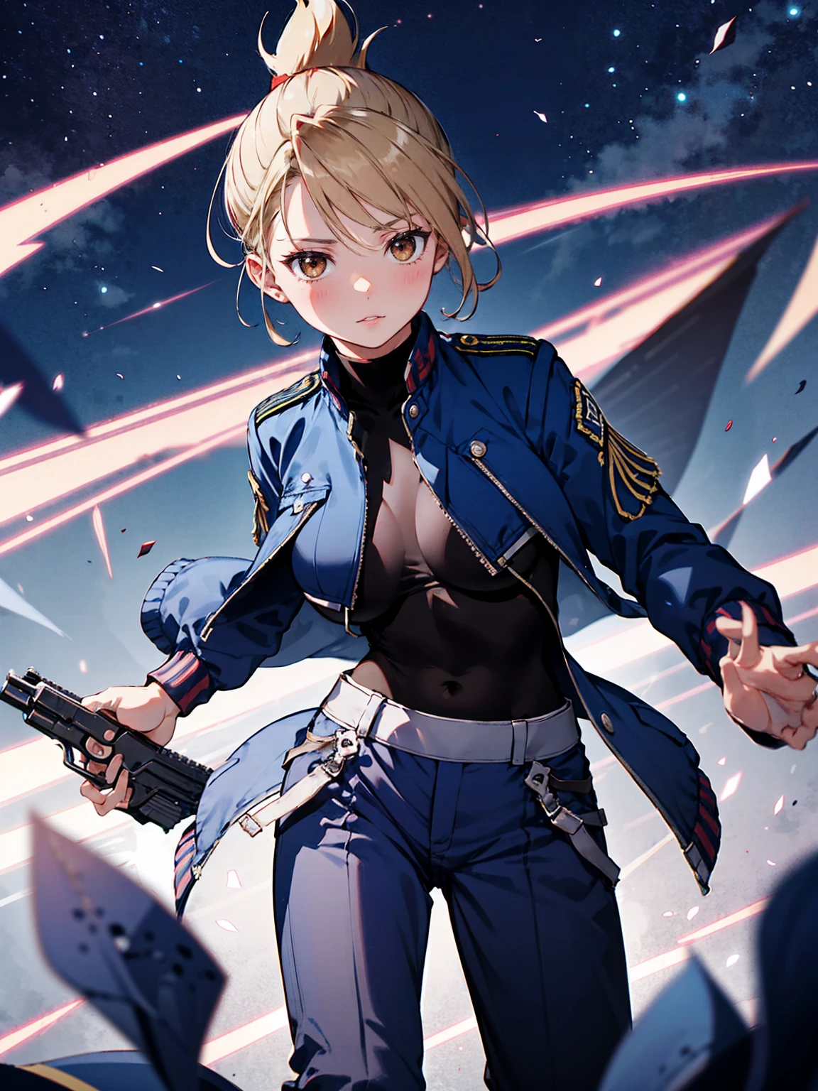 Young girl, short blonde hair, blue eyes, soldier's uniform, sleeveless, open belly, pants, gun, serious look, masterpiece, high quality