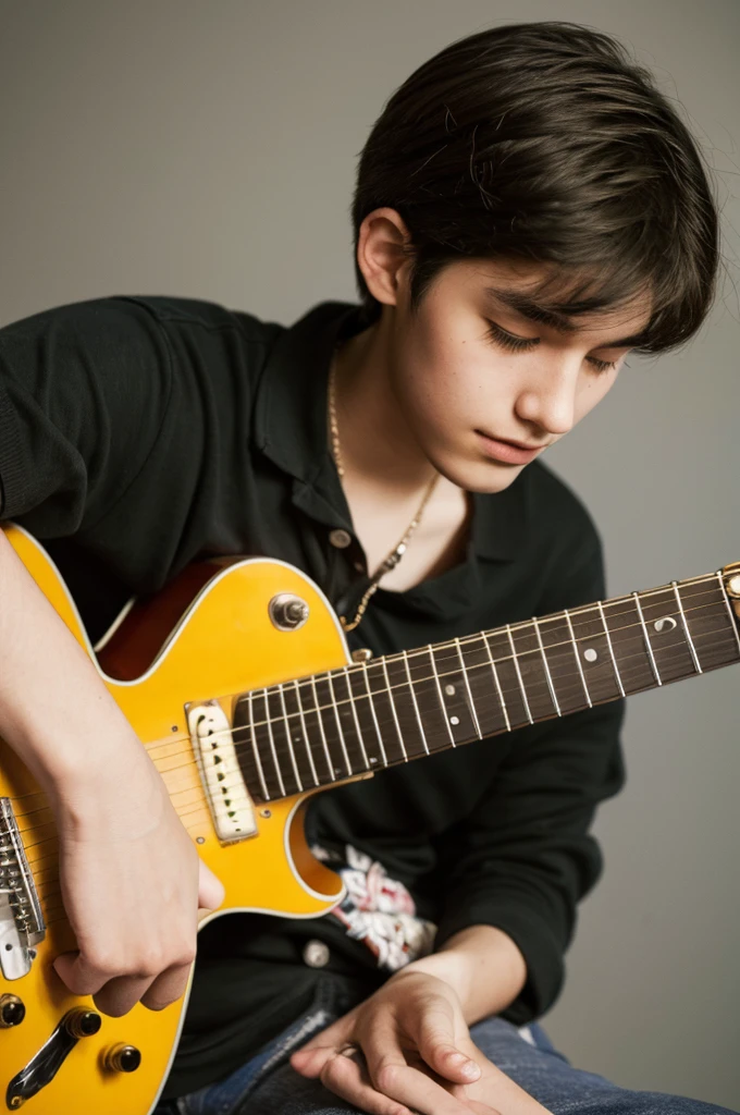 A young 18 year old man, playing guitar, detailed hands