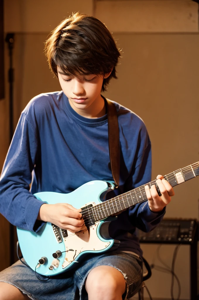 A young 18 year old man, playing guitar, detailed hands