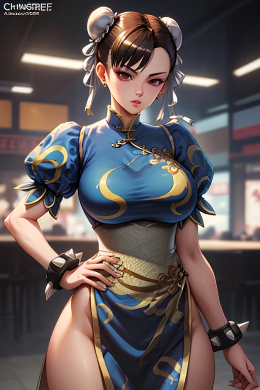 masterpiece,Highest quality, Unreal Engine, Super Resolution, Very detailed,
1 Girl, Waist, thin, (Muscular:0.8)
Round Breasts, Big Breasts, bold, Lips parted, Observe the audience,
Are standing, sexy pose
Waist shot,
Simple background anime style, Key Visual,
Hair Bun, Blue Chinese clothing, Chunli, Street Fighter,