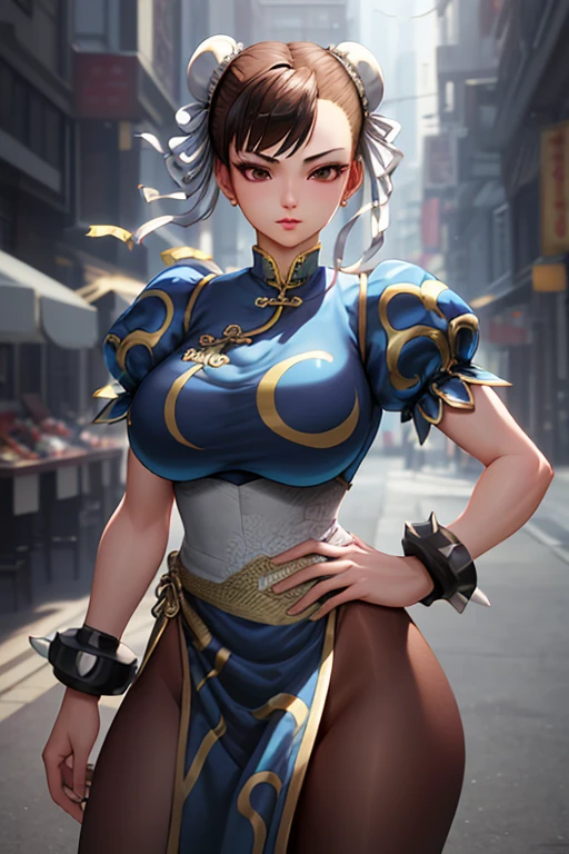 masterpiece,Highest quality, Unreal Engine, Super Resolution, Very detailed,
1 Girl, Waist, thin, (Muscular:0.8)
Round Breasts, Big Breasts, bold,  Lips parted, Observe the audience,
Are standing, sexy pose
Waist shot,
Simple background anime style, Key Visual,
Hair Bun, Blue Chinese clothing, Chunli, Street Fighter,