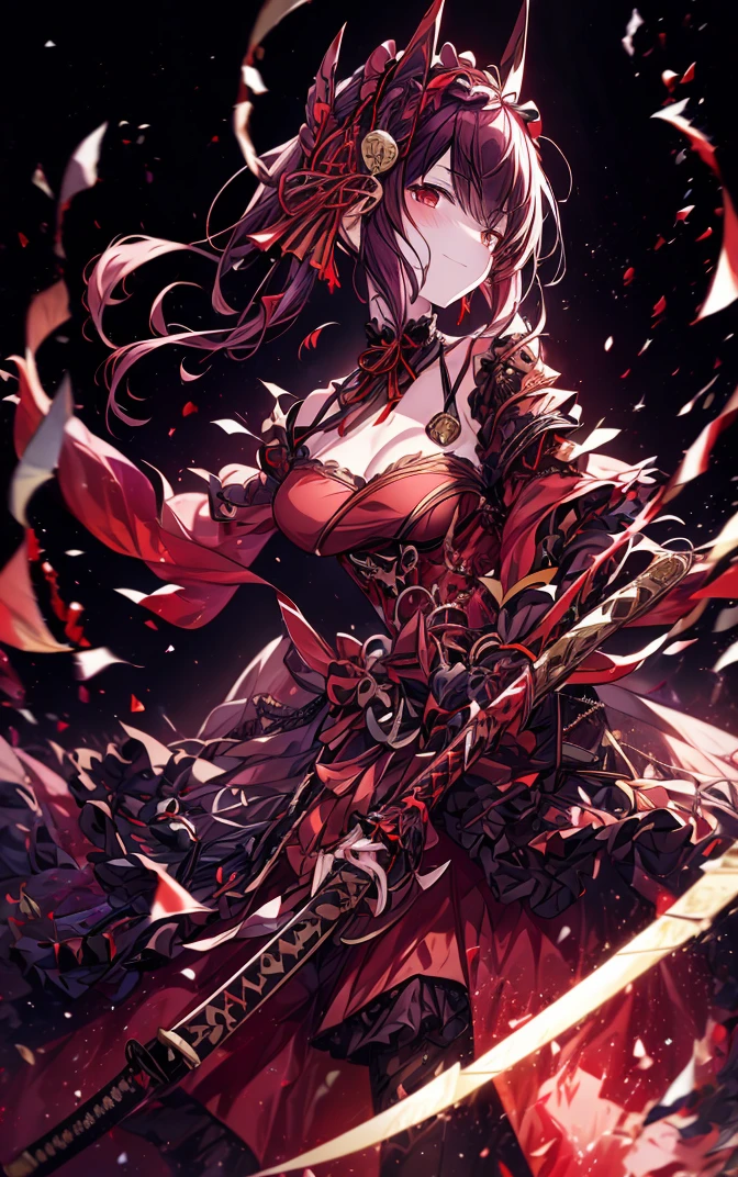 best quality,4K,high resolution),Ultradetailliert,Realistic,Portrait, Lila Samurai Scarf with a Katana Dark Red Hair, a purple-dark devil dress with gold trim and bright red eyes, Light Farben, delicate features, seductive glance, Charming smile, Wallende Haare, Cursed Light, Two Swords