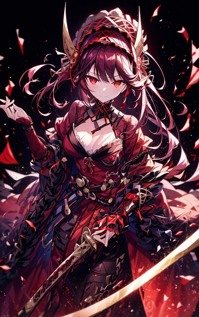 best quality,4K,high resolution),Ultradetailliert,Realistic,Portrait, Lila Samurai Scarf with a Katana Dark Red Hair, a purple-dark devil dress with gold trim and bright red eyes, Light Farben, delicate features, seductive glance, Charming smile, Wallende Haare, Cursed Light, Two Swords