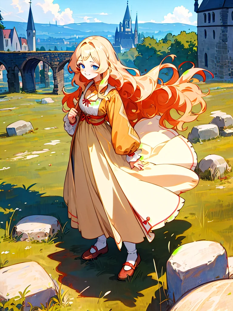 1girl, (anime coloring:1.2), perfect_anatomy, best quality, otherworldly, upturned eyes, beautiful_hair, wavy hair, feminine, endearing smile, german clothes, medieval costume, standing, Stone buildings, Medieval town, Traditional dress, Long skirt, Simple shoes, Cheap clothes,