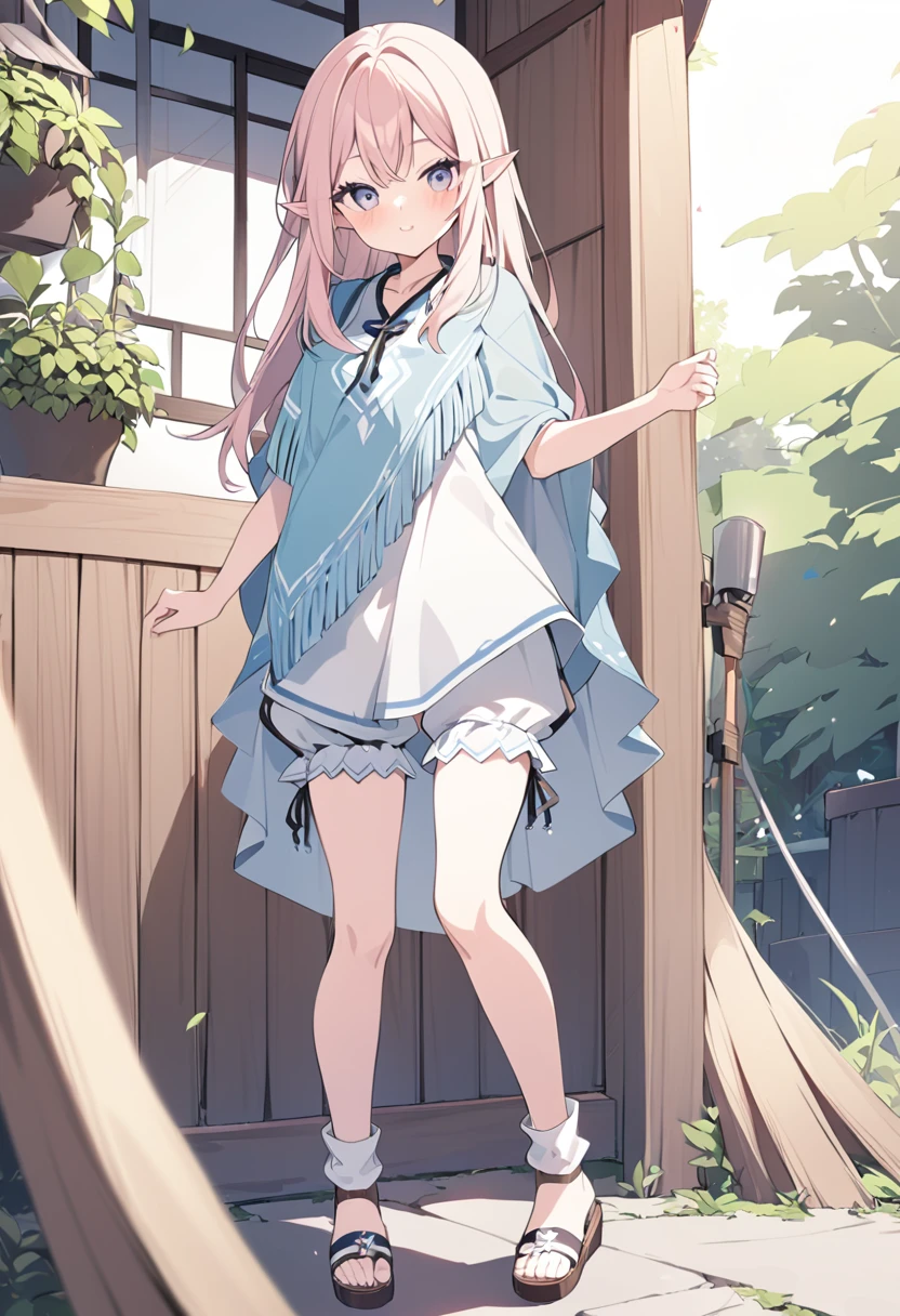 1girl((a girl,elf 1.5meters, 25kg,18 years old female, 
((tunic,poncho,(loose pants,bloomers),thigh-high socks, sandals),　（ソフトクリームを食べる）
