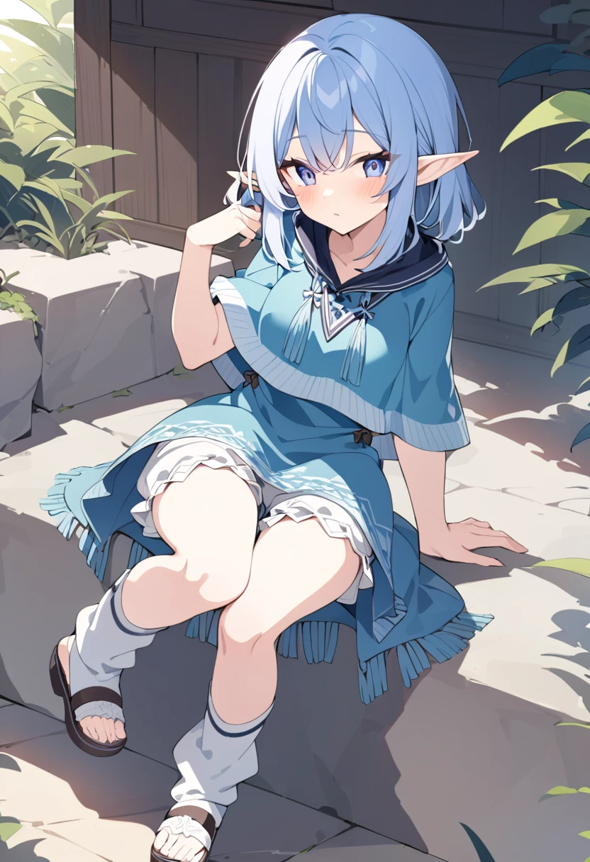 ((best quality)), ((masterpiece)), (detailed), 1girl, Touhou, Tatara Kogasa, medium sized breasts, smiling expression, blue hair, different colored eyes, red colored eye, blue colored eye, blue feminine blouse, long sleeves feminine blouse, light blue skirt, long socks, japanese sandals, girl on stone trail, village background, girl standing, full body, wide shot, opened blouse, front opened blouse, stomach, navel