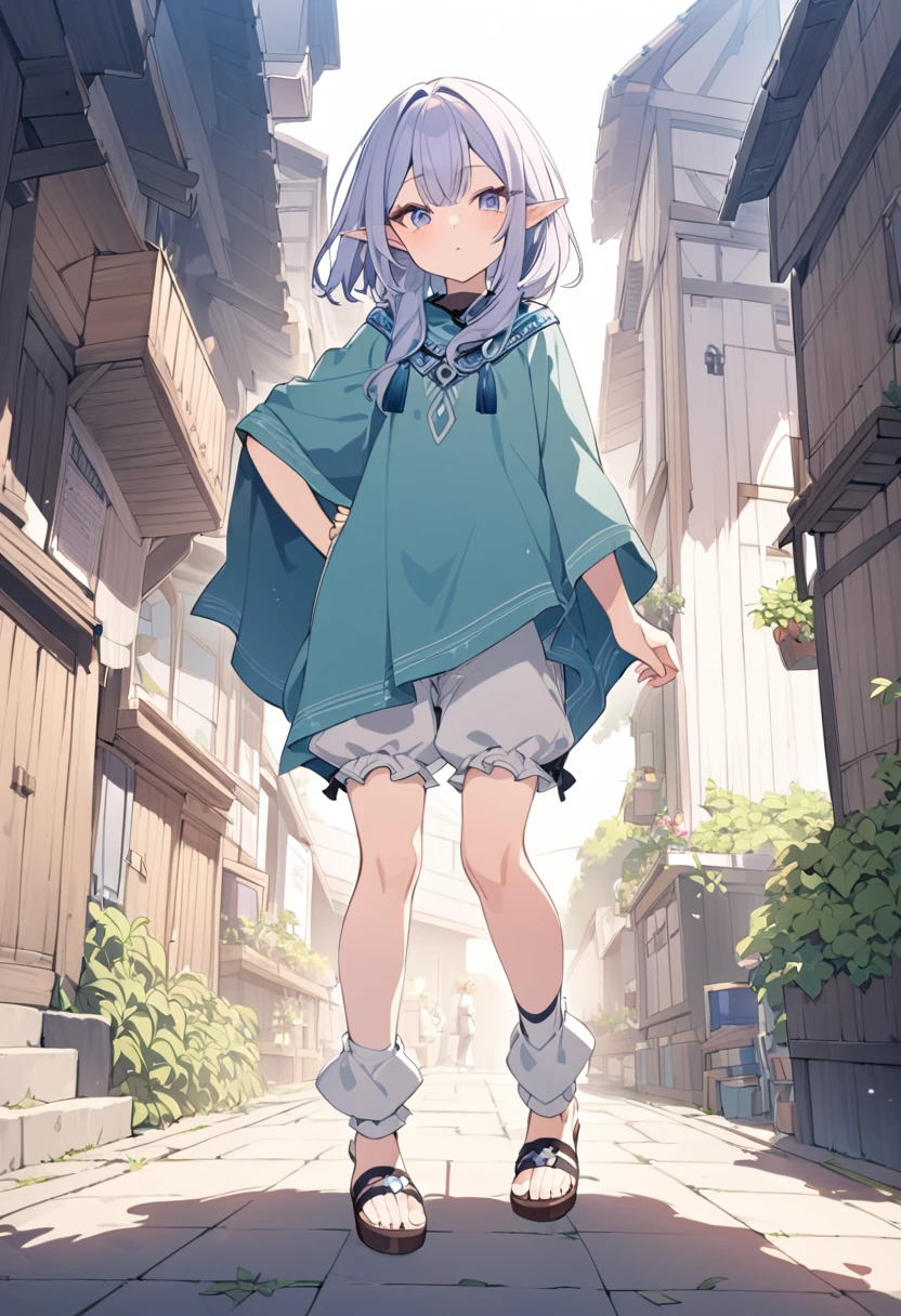 1girl((a girl,elf 1.5meters, 25kg,18 years old female,
((tunic,poncho,(loose pants,bloomers),thigh-high socks, sandals), (ソフトクリームを食べる)