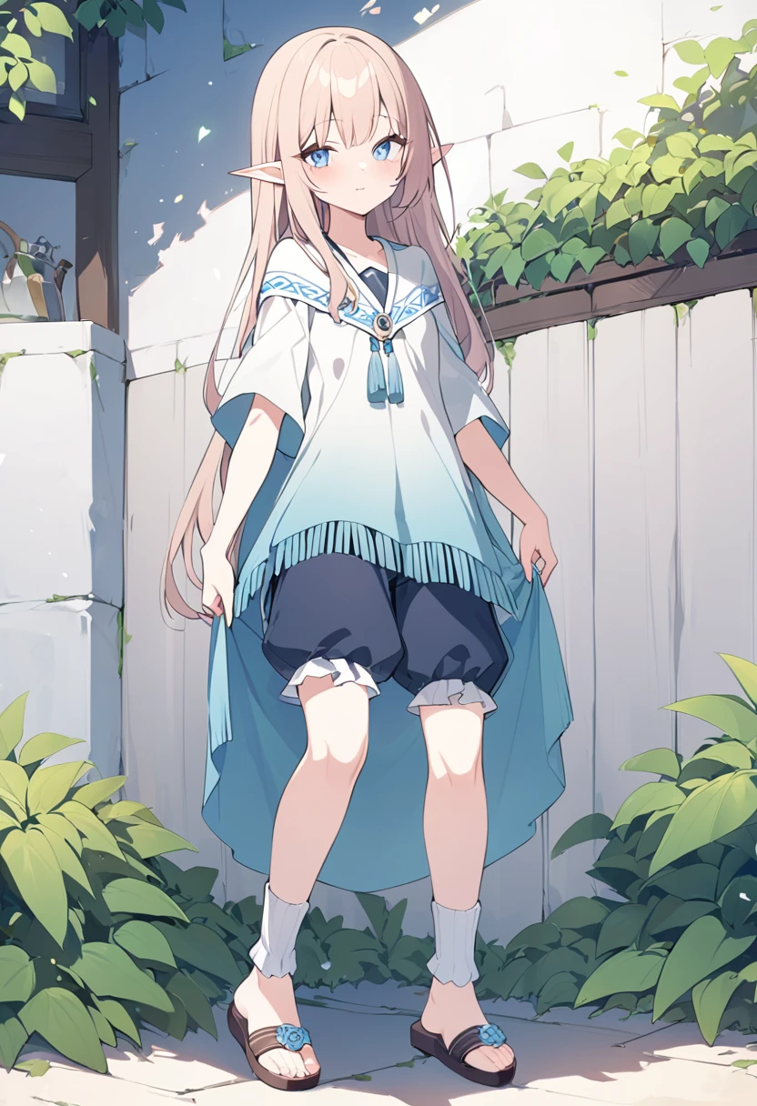 1girl((a girl,elf 1.5meters, 25kg,18 years old female,
((tunic,poncho,(loose pants,bloomers),thigh-high socks, sandals), (ソフトクリームを食べる)