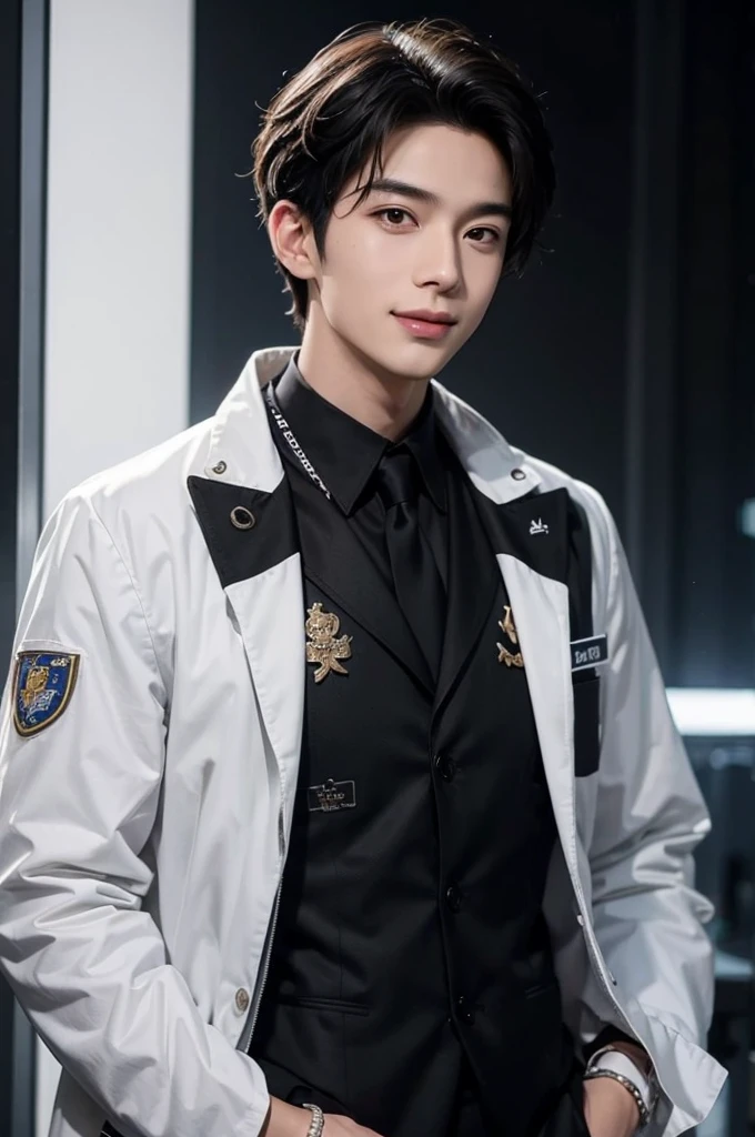 Smiling with some teeth showing, (masutepiece),best quality,super detailed,illustration,super detailed view,(realistic),(((black hair))),one young man,(full body evian),((researcher in lab coat)),(no glasses),twink,(fair skin),(knowing),black eyes,(gender: natural face),(korean),long body,((white shirt)),clean lab,(beautiful shit),((long body)) big smile