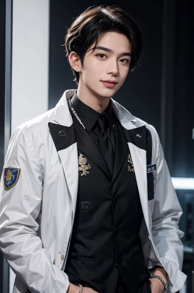 Smiling with some teeth showing, (masutepiece),best quality,super detailed,illustration,super detailed view,(realistic),(((black hair))),one young man,(full body evian),((researcher in lab coat)),(no glasses),twink,(fair skin),(knowing),black eyes,(gender: natural face),(korean),long body,((white shirt)),clean lab,(beautiful shit),((long body)) big smile