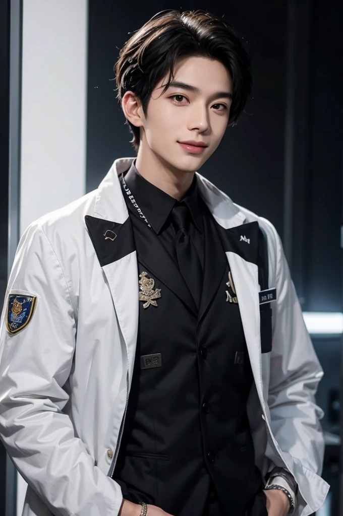 Smiling with some teeth showing, (masutepiece),best quality,super detailed,illustration,super detailed view,(realistic),(((black hair))),one young man,(full body evian),((researcher in lab coat)),(no glasses),twink,(fair skin),(knowing),black eyes,(gender: natural face),(korean),long body,((white shirt)),clean lab,(beautiful shit),((long body)) big smile