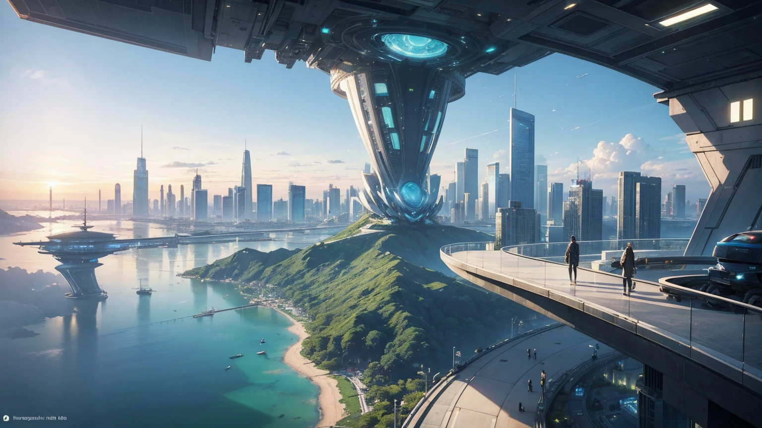 (Best quality,4K,8K,A high resolution,Masterpiece:1.2),Ultra-detailed,(Realistic,Photorealistic,photo-realistic:1.37),Futuristic floating city,Futuristic technology,Huge urban high-tech tablet platform,Airship,Floating in the sky,Futuristic city,Small airships around,High-tech hemispherical platform,Colorful lights,Advanced architecture,modernn architecture,skyscrapper,Access the cloud,Scenic beauty,view over city,Impressive design,Blend seamlessly with nature,energetic and vibrant atmosphere,Futuristic transportation system,Parking is suspended,Transparent path,Lush greenery,Sky gardens,cascading waterfalls,Magnificent skyline,reflections on the water,Sparkling river,Architectural innovation,futuristic skyscrapers,Transparent dome,The shape of the building is unusual,Elevated walkway,Impressive skyline,Glowing lights,Futuristic technology,Minimalist design,Scenic spots,Panoramic view,Cloud Piercing Tower,Vibrant colors,epic sunrise,epic sunset,Dazzling light display,magical ambiance,The future city,Urban Utopia,LuxuryLifestyle,Innovative energy,sustainable development,Smart city technology,Advanced infrastructure,Tranquil atmosphere,Nature and technology live in harmony,Awesome cityscape,Unprecedented urban planning,Architecture connects seamlessly with nature,High-tech metropolis,A cutting-edge engineering marvel,The future of urban living,Visionary architectural concept,Energy-efficient buildings,Harmony with the environment,A city floating above the clouds,Utopian dreams become reality,The possibilities are endless,State-of-the-art transportation network,Green energy integration,Innovative materials,Impressive holographic display,Advanced communication system,Breathtaking aerial view,Quiet and peaceful environment,Modernist aesthetics,Ethereal beauty