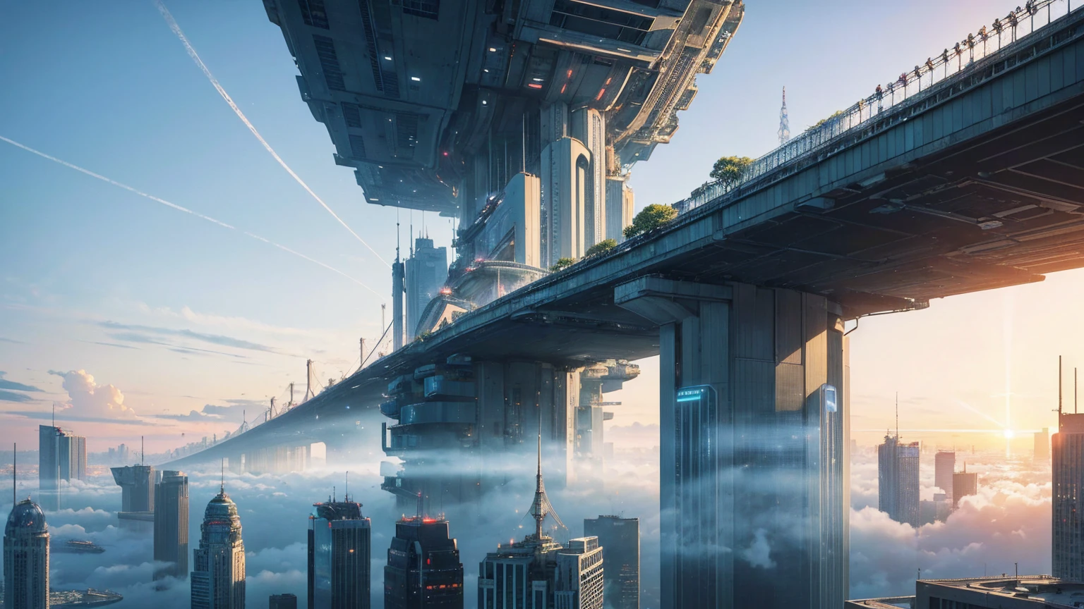 (Best quality,4K,8K,A high resolution,Masterpiece:1.2),Ultra-detailed,(Realistic,Photorealistic,photo-realistic:1.37),Futuristic floating city,Futuristic technology,Huge urban high-tech tablet platform,Airship,Floating in the sky,Futuristic city,Small airships around,High-tech hemispherical platform,Colorful lights,Advanced architecture,modernn architecture,skyscrapper,Access the cloud,Scenic beauty,view over city,Impressive design,Blend seamlessly with nature,energetic and vibrant atmosphere,Futuristic transportation system,Parking is suspended,Transparent path,Lush greenery,Sky gardens,cascading waterfalls,Magnificent skyline,reflections on the water,Sparkling river,Architectural innovation,futuristic skyscrapers,Transparent dome,The shape of the building is unusual,Elevated walkway,Impressive skyline,Glowing lights,Futuristic technology,Minimalist design,Scenic spots,Panoramic view,Cloud Piercing Tower,Vibrant colors,epic sunrise,epic sunset,Dazzling light display,magical ambiance,The future city,Urban Utopia,LuxuryLifestyle,Innovative energy,sustainable development,Smart city technology,Advanced infrastructure,Tranquil atmosphere,Nature and technology live in harmony,Awesome cityscape,Unprecedented urban planning,Architecture connects seamlessly with nature,High-tech metropolis,A cutting-edge engineering marvel,The future of urban living,Visionary architectural concept,Energy-efficient buildings,Harmony with the environment,A city floating above the clouds,Utopian dreams become reality,The possibilities are endless,State-of-the-art transportation network,Green energy integration,Innovative materials,Impressive holographic display,Advanced communication system,Breathtaking aerial view,Quiet and peaceful environment,Modernist aesthetics,Ethereal beauty