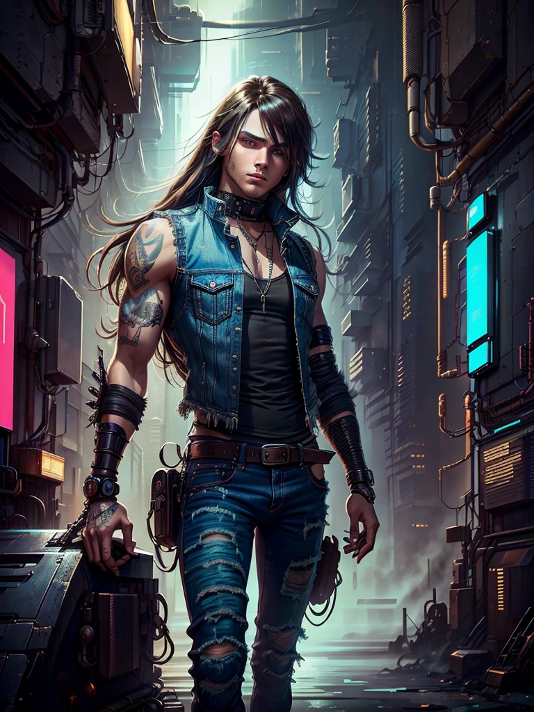 denim vest, blue jeans, long emo hair, bionic arm, Cyberpunk, Brown hair, blue eyes, futuristic city, Very detailed, high resolution, Best Quality, 18 year old man