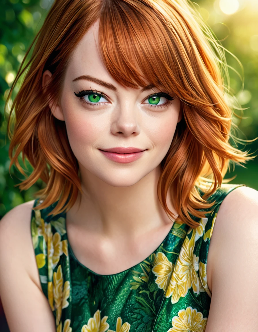 portrait of stunning emma stone, green eyes, nice smile, intense gaze, elegant, dynamic pose, highly detailed, hyper realistic, uhd, photo, sharp focus, post processing, digital printed fabric, aesthetic on beauty of female, fashion trendy, dslr, High resolution for website, incredibly detailed, hyper-realistic, Cinematic light, Complex, HDR, 32k